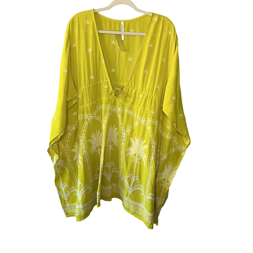 Soma Swim Embroidered Cover Up Key Lime Yellow Palm Tree Kimono Kaftan L/XL NEW